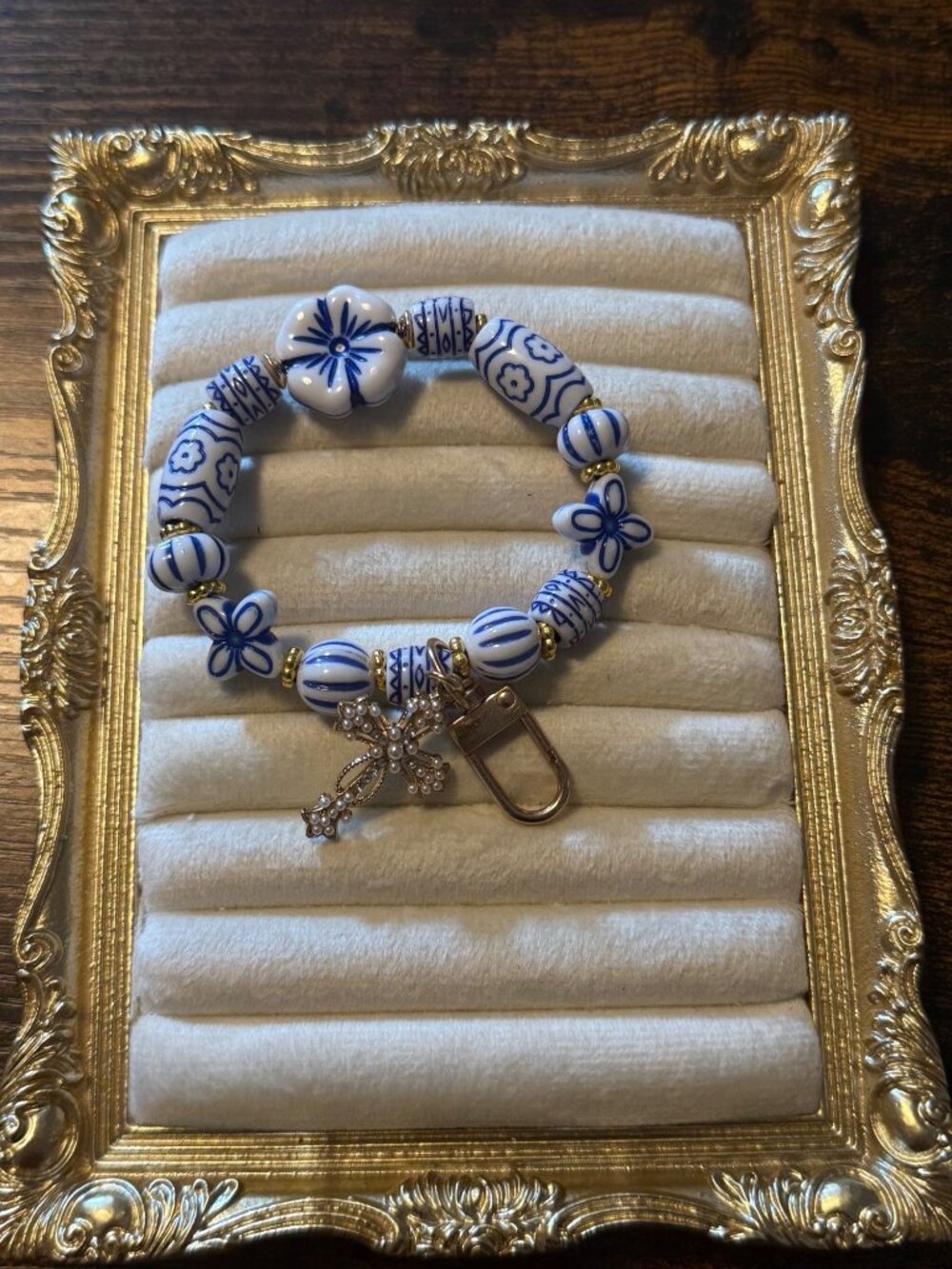 New Blue Blossom – Beaded Bracelet Keychain with Cross Charm